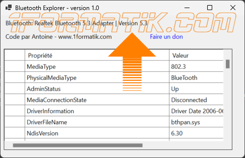 Aperçu du logiciel Bluetooth Explorer